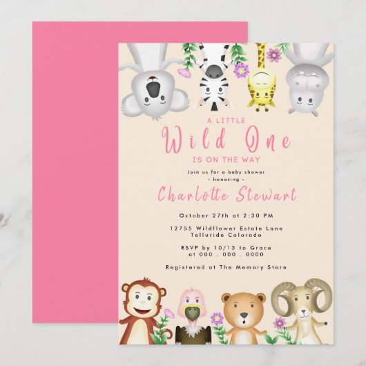 Cute Safari Animals Wild One Girl Baby shower Kaart (Voorkant / Achterkant)