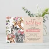 Cute Safari Animals Wild One Girl Baby shower Kaart (Staand voorkant)