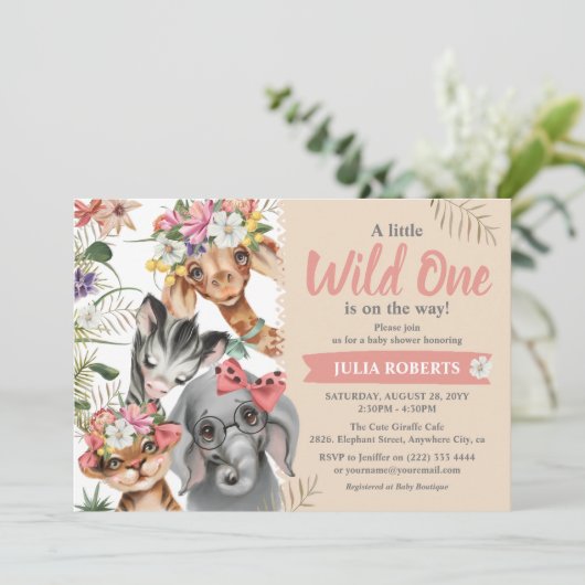 Cute Safari Animals Wild One Girl Baby shower Kaart (Staand voorkant)