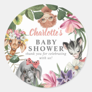 Cute Safari Animals Wild One Girl Baby shower Ronde Sticker