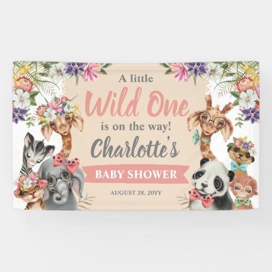 Cute Safari Animals Wild One Girl Baby shower Spandoek (Horizontaal)
