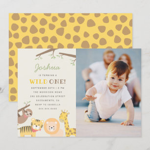 Cute Safari Animals Wild One Photo Birthday Kaart