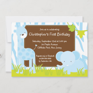 Cute Safari Baby Animals Birthday Party Invitation Kaart