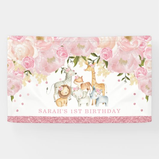 Cute Safari Baby Animals Roos Gold Blush Floral Spandoek (Horizontaal)