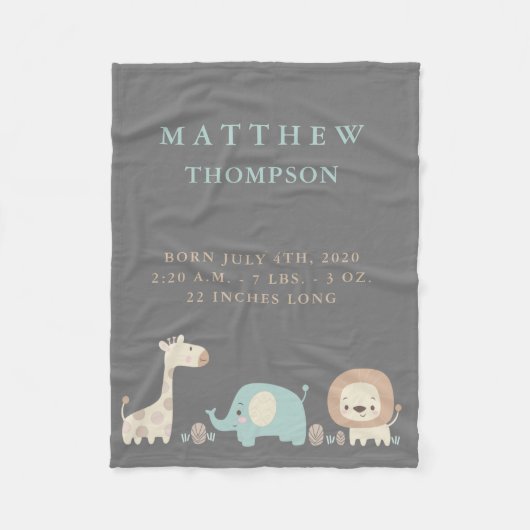 Cute Safari Birth Announcement Fleece Baby Blanket (Voorkant)