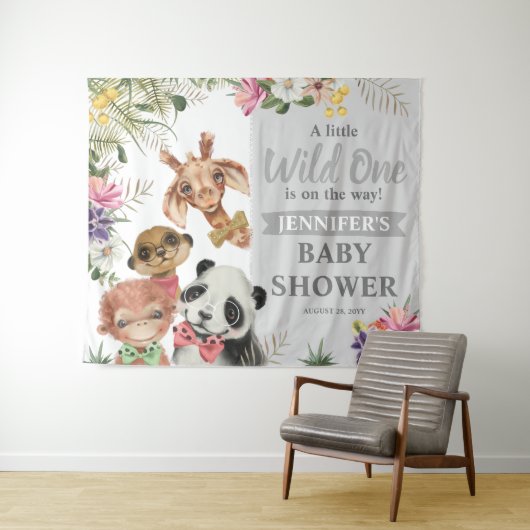 Cute Safari Dieren Jongen Baby Shower Achtergrond  Wandkleed (In Situ (horizontaal))