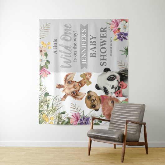 Cute Safari Dieren Jongens Baby Shower Achtergrond Wandkleed (In situ)