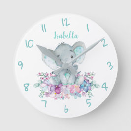 Cute Safari Elephant Floral Waterverf Ronde Klok