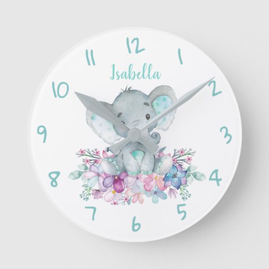 Cute Safari Elephant Floral Waterverf Ronde Klok (Voorkant)