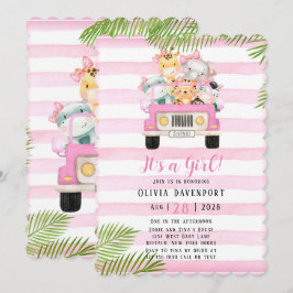 Cute Safari Elephant & Friends Girl Baby shower Kaart