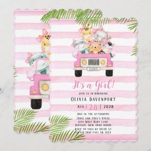 Cute Safari Elephant & Friends Girl Baby shower Kaart