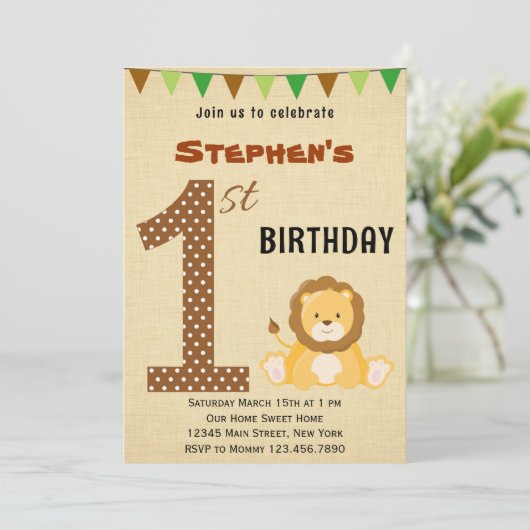 Cute Safari First Birthday Invitation Kaart (Staand voorkant)