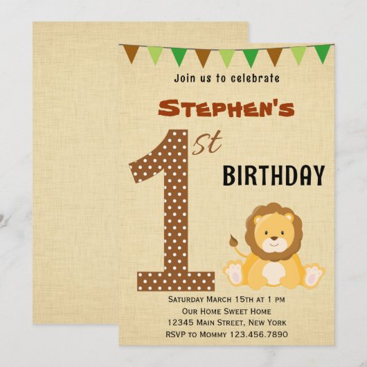Cute Safari First Birthday Invitation Kaart (Voorkant / Achterkant)
