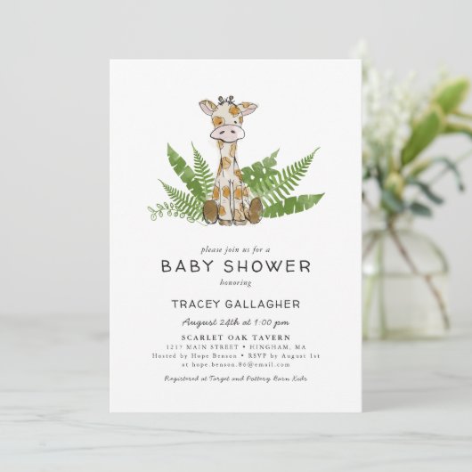 Cute Safari Giraffe met Oerwoud Leaves Baby shower Kaart (Staand voorkant)