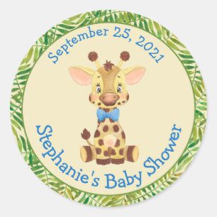 Cute Safari Giraffe Personalized Boy Baby shower Ronde Sticker