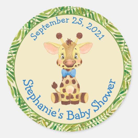 Cute Safari Giraffe Personalized Boy Baby shower Ronde Sticker (Voorkant)
