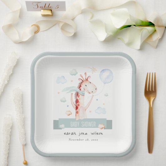 Cute Safari Giraffe Star Cloud Ballon Baby shower Papieren Bordje (Huwelijk)