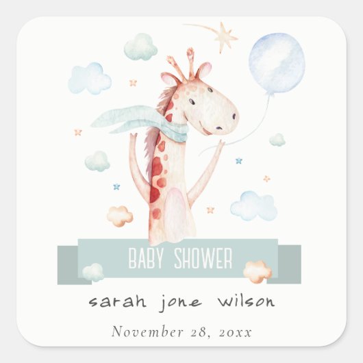 Cute Safari Giraffe Star Cloud Ballon Baby shower Vierkante Sticker (Voorkant)