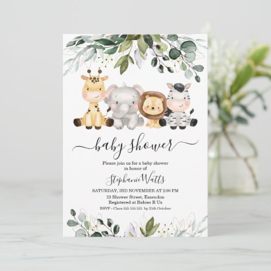 Cute Safari Green Gold Foliage Baby shower Kaart (Staand voorkant)