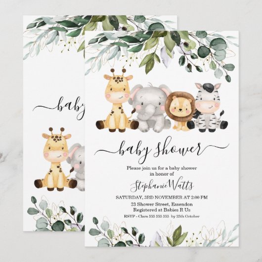 Cute Safari Green Gold Foliage Baby shower Kaart (Voorkant / Achterkant)