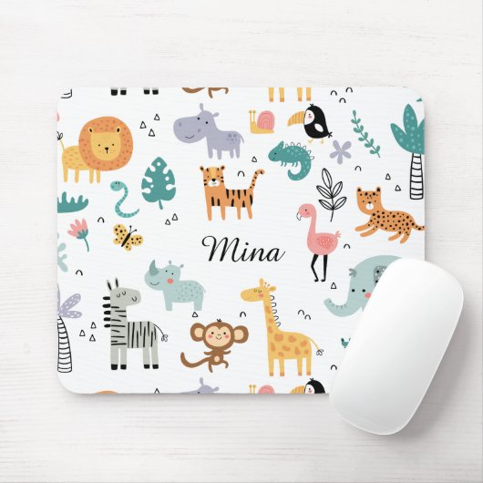 Cute Safari Jungle Animals Personalized Baby Name Muismat (Met muis)
