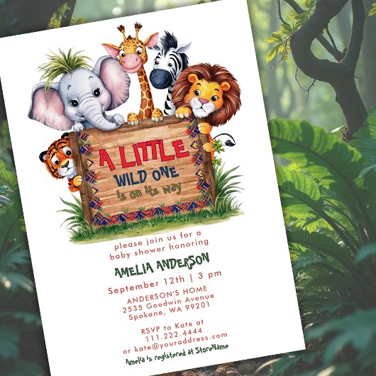 Cute Safari Jungle Animals Wild One Baby Shower Kaart
