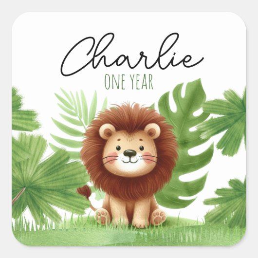 Cute Safari Lion Birthday Vierkante Sticker (Voorkant)