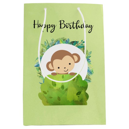 Cute Safari Monkey Happy Birthday Medium Cadeauzakje (Voorkant)