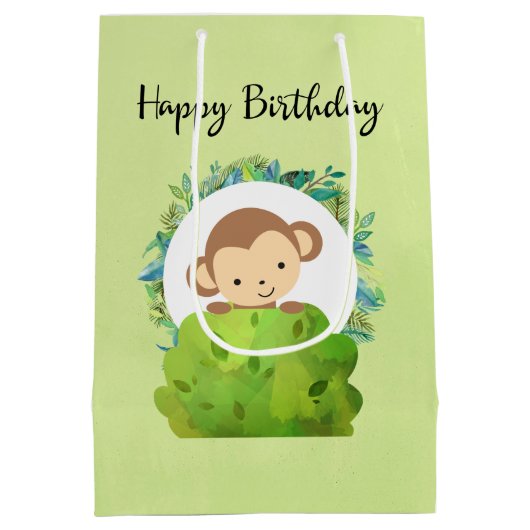 Cute Safari Monkey Happy Birthday Medium Cadeauzakje (Achterkant)