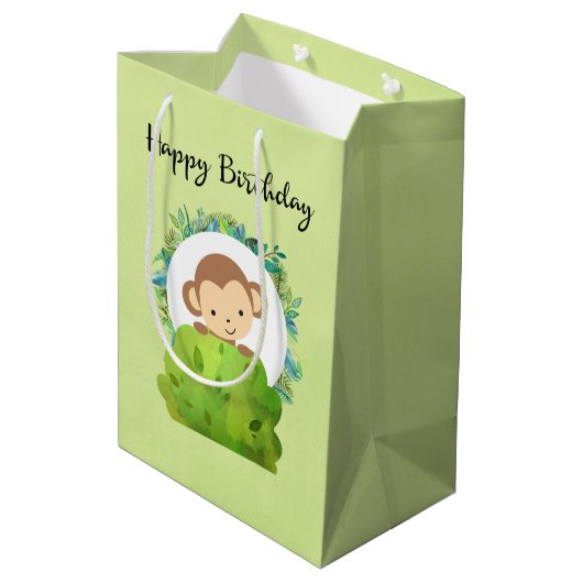 Cute Safari Monkey Happy Birthday Medium Cadeauzakje (Achterkant Gekanteld)