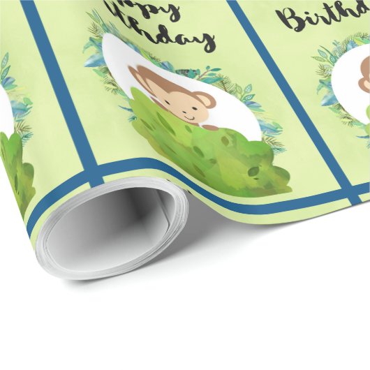 Cute Safari Monkey Happy Birthday Pattern Cadeaupapier (Rol Hoek)