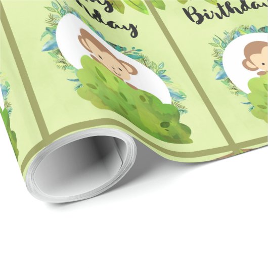 Cute Safari Monkey Happy Birthday Pattern Cadeaupapier (Rol Hoek)