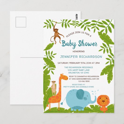 Cute Safari Oerwoud Animal Baby shower Invitation Briefkaart (Voorkant / Achterkant)