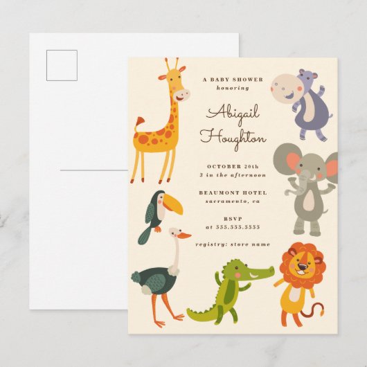 Cute Safari Oerwoud Animal Veronderd Baby shower Uitnodiging Briefkaart (Voorkant / Achterkant)