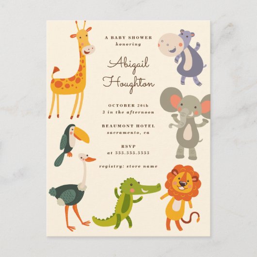 Cute Safari Oerwoud Animal Veronderd Baby shower Uitnodiging Briefkaart (Voorkant)