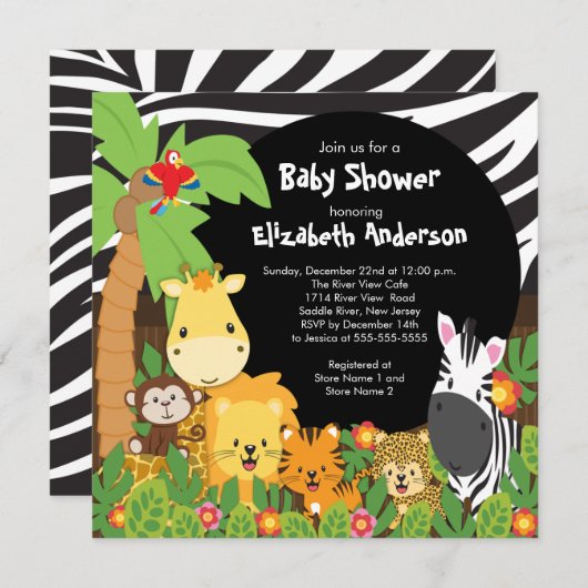 Cute Safari Oerwoud Animals Baby Shower Invitation Kaart (Voorkant / Achterkant)