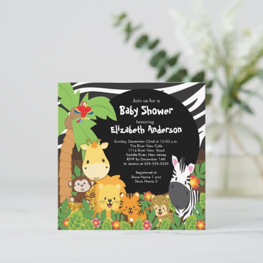 Cute Safari Oerwoud Animals Baby Shower Invitation Kaart (Staand voorkant)
