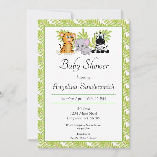 Cute Safari Oerwoud Animals Baby shower Invitation Kaart (Voorkant)
