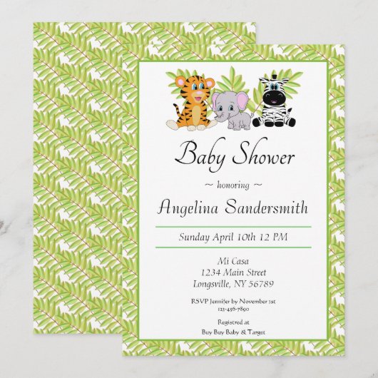 Cute Safari Oerwoud Animals Baby shower Invitation Kaart (Voorkant / Achterkant)