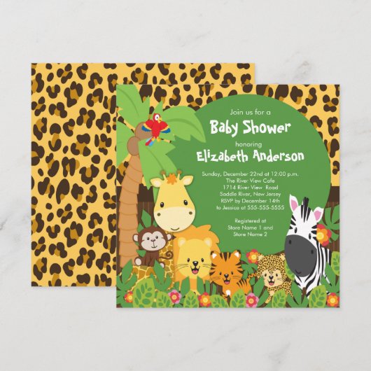 Cute Safari Oerwoud Animals Baby Shower Invitation Kaart (Voorkant / Achterkant)
