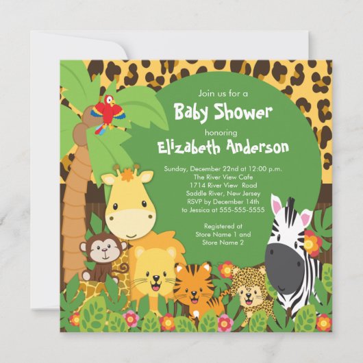 Cute Safari Oerwoud Animals Baby Shower Invitation Kaart (Voorkant)