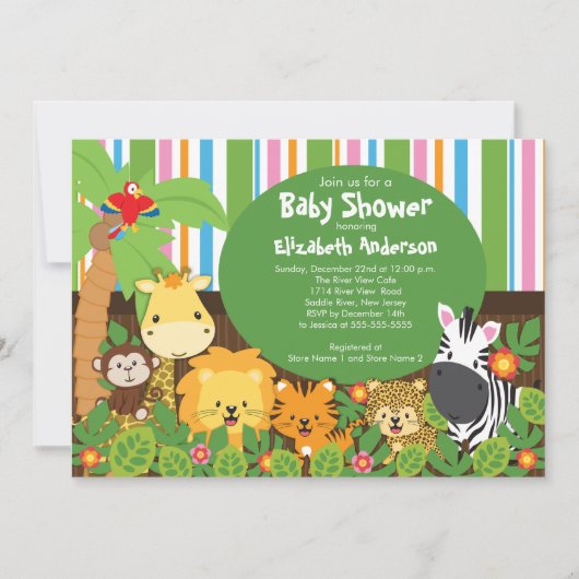 Cute Safari Oerwoud Animals Baby Shower Invitation Kaart (Voorkant)