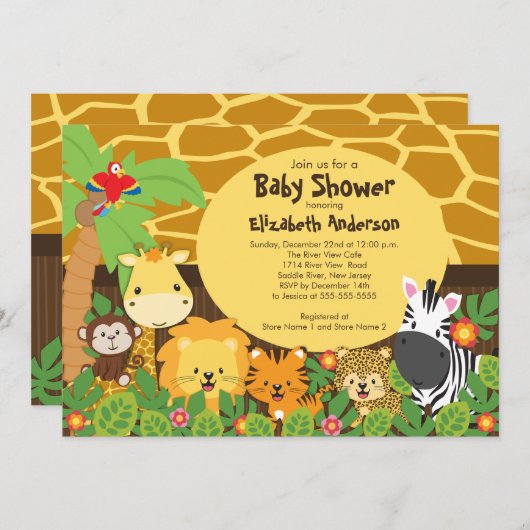 Cute Safari Oerwoud Animals Baby Shower Invitation Kaart (Voorkant / Achterkant)