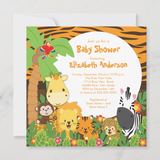 Cute Safari Oerwoud Animals Baby Shower Invitation Kaart (Voorkant)