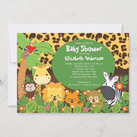Cute Safari Oerwoud Animals Baby Shower Invitation Kaart (Voorkant)