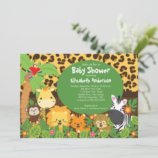 Cute Safari Oerwoud Animals Baby Shower Invitation Kaart (Staand voorkant)