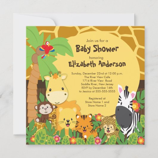 Cute Safari Oerwoud Animals Baby Shower Invitation Kaart (Voorkant)