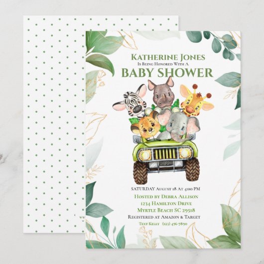 Cute Safari Oerwoud Animals Baby shower Invitation Kaart (Voorkant / Achterkant)