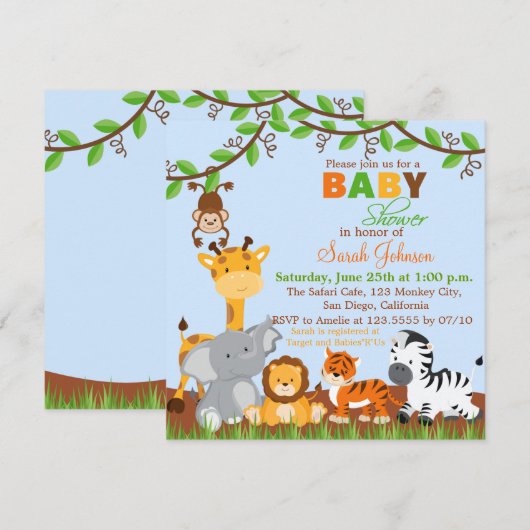 Cute Safari Oerwoud Animals Baby shower Invitation Kaart (Voorkant / Achterkant)