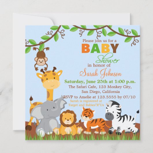 Cute Safari Oerwoud Animals Baby shower Invitation Kaart (Voorkant)